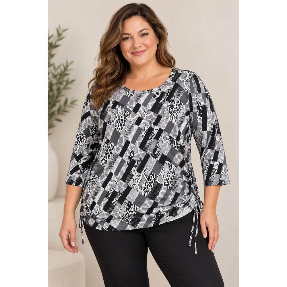 Ruby Rd Woman 1X Black Gray Animal Print Ruched Tie Side Studded Top